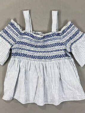 Zara Kids Top Girl's 11-12 Blue White Pullover Smocked Cold Shoulder Bell Sleeve